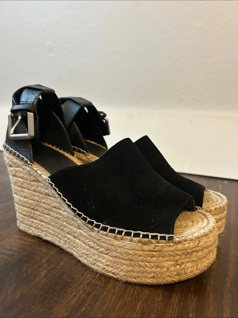 Marc Fisher Black Suede Espadrille Platform Wedges